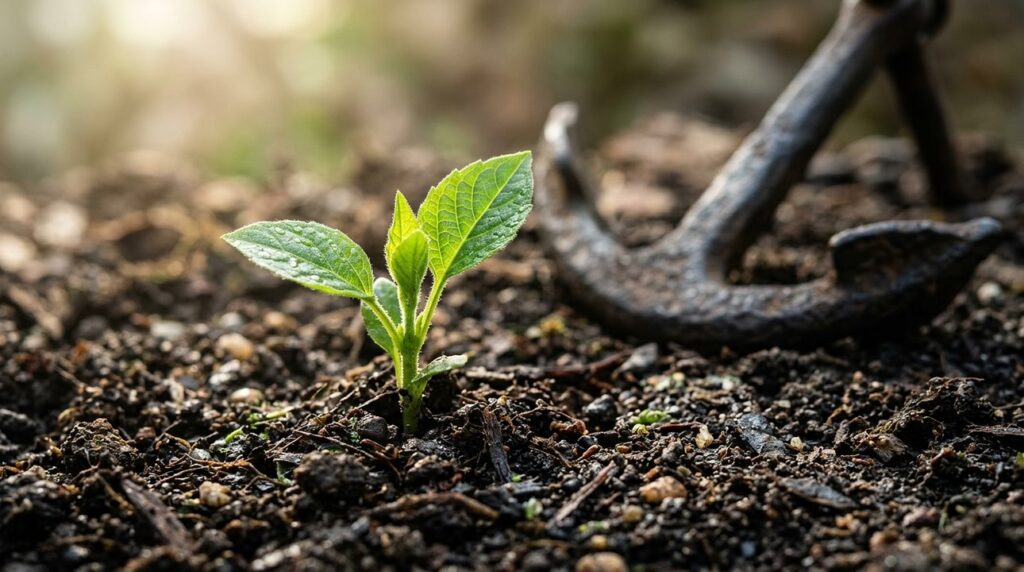 Una planta joven brota de la tierra junto a un ancla de metal oxidado