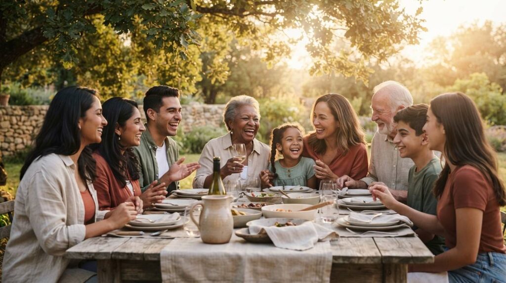 Varias personas conversando sonrientes alrededor de una mesa al aire libre