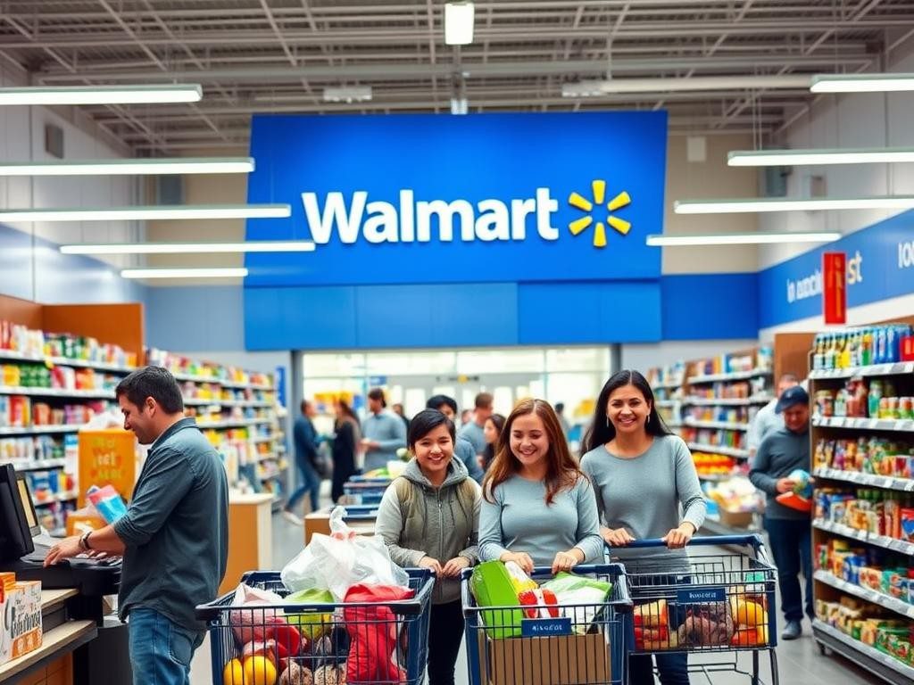 abarrotada tienda walmart con clientes felices y productos bien organizados