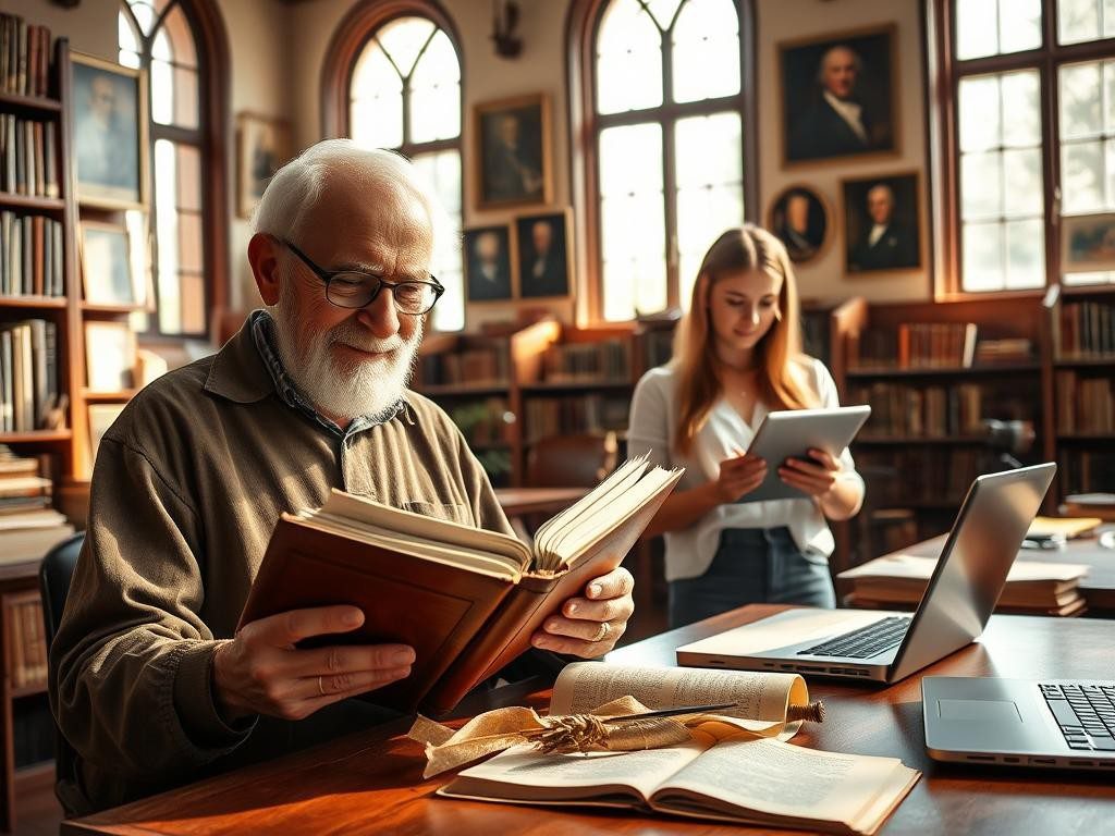 anciano lee joven toma notas libros antiguos y laptops en luz calida