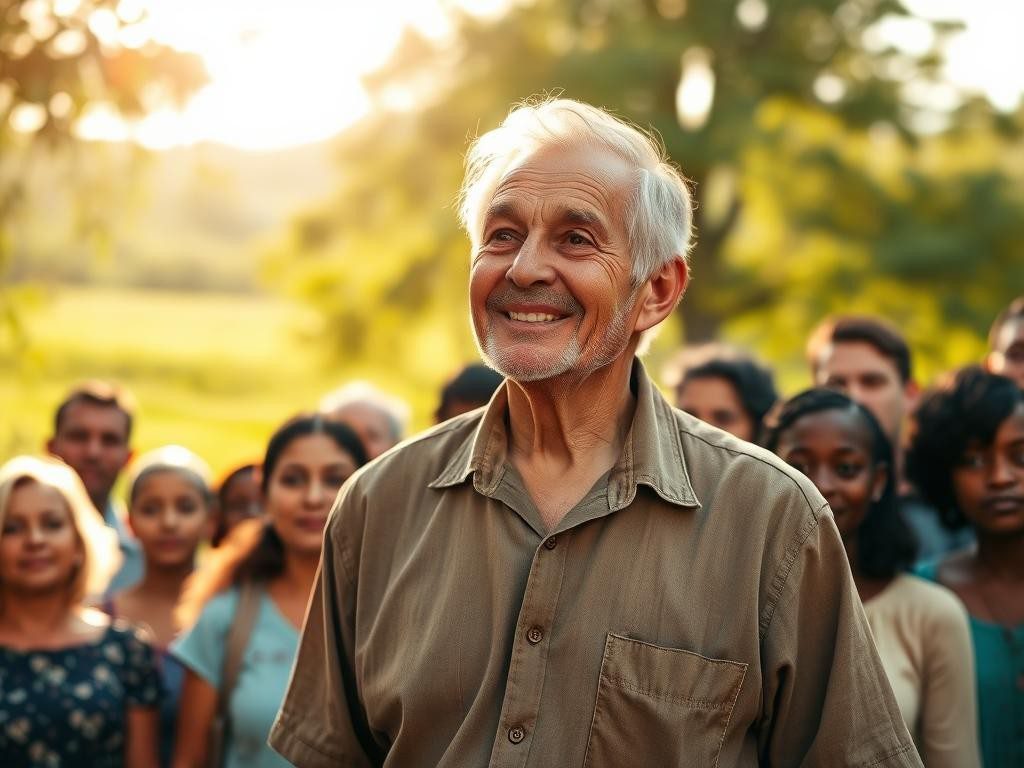 anciano sonriente en paisaje verde rodeado de atentos y diversos
