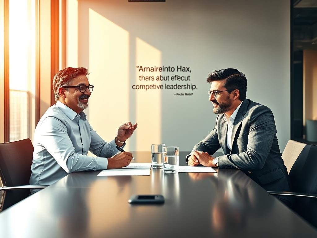 arnoldo hax y nicolas majluf discuten estrategicamente en oficina moderna