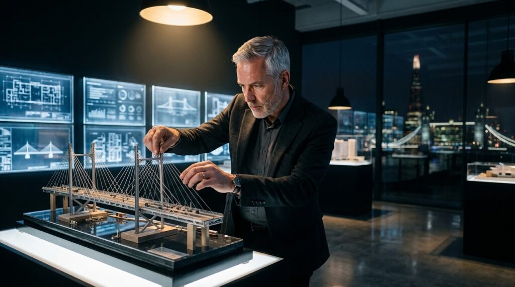 arquitecto ajustando maqueta de puente en estudio tecnologico