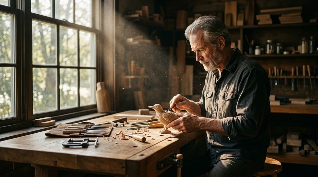 artesano esculpiendo figura de madera en estudio iluminado