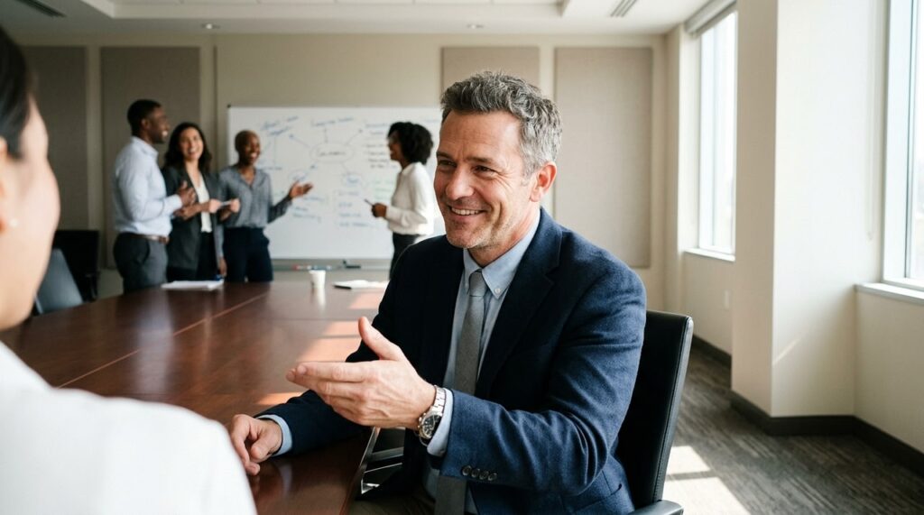 asesor corporativo dialoga con un equipo en taller