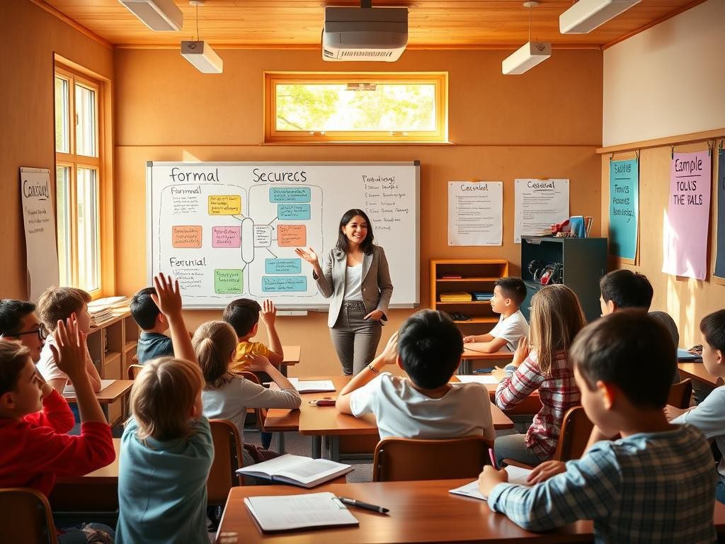 aula calida y luminosa con estudiantes atentos y cartel de niveles de habla