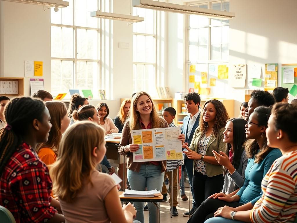 aula luminosa con docentes y estudiantes colaborando sonrisas y creatividad