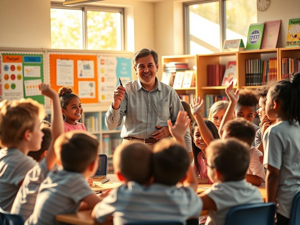 aula luminosa con estudiantes activos maestro inspirador y ambiente motivador