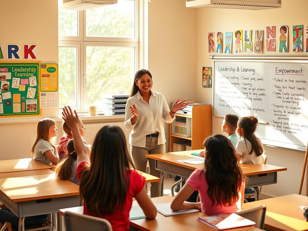 aula luminosa con estudiantes atentos maestro sonriente y cartel motivador