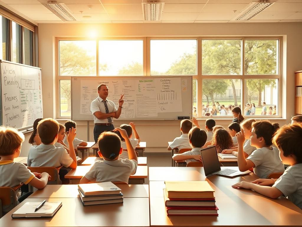 aula luminosa con estudiantes atentos profesor y vista al patio escolar