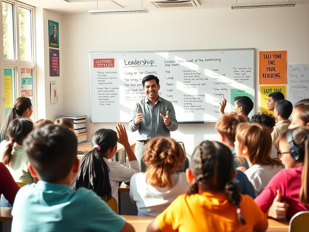 aula luminosa con estudiantes diversos teacher sonriente y paredes motivadoras