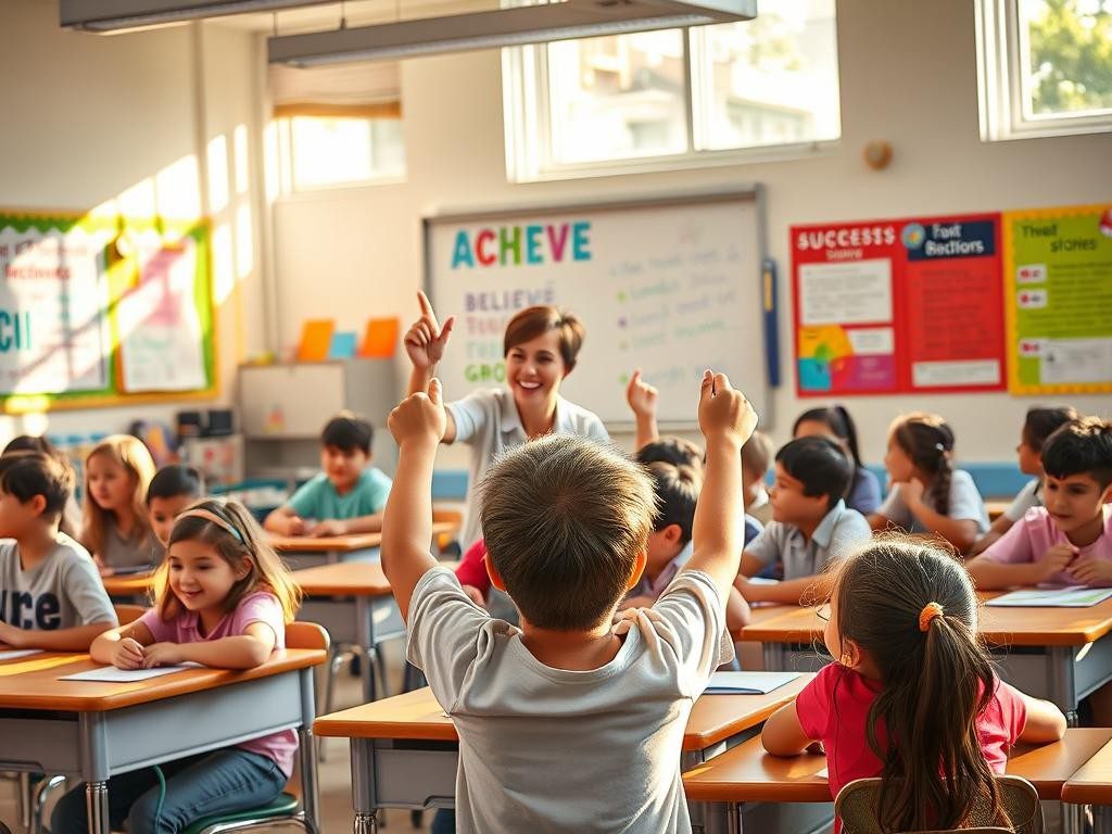 aula luminosa con estudiantes motivados profesor sonriente y carteles inspiradores