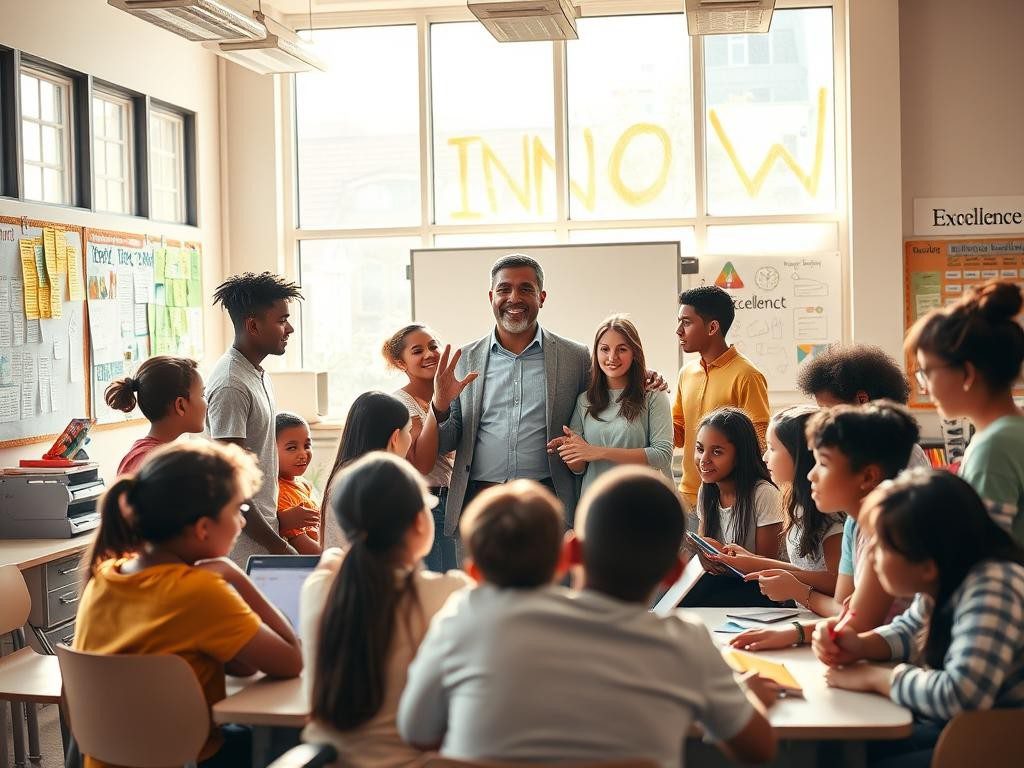 aula luminosa con maestro y estudiantes colaborando rodeados de coloridos carteles