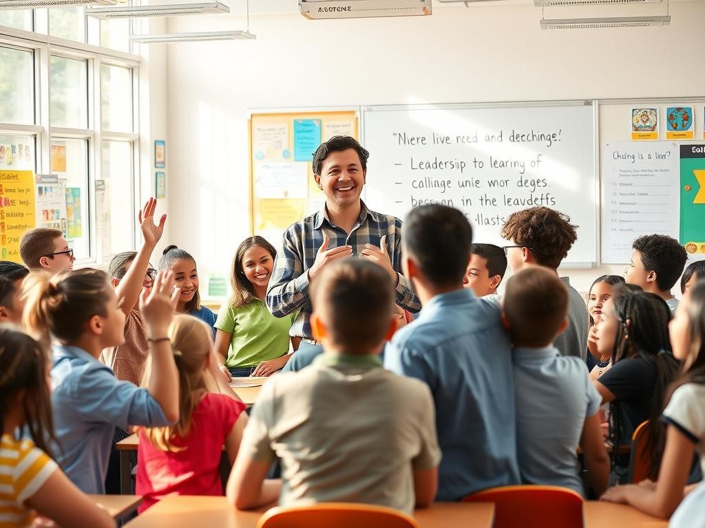 aula luminosa con maestro y estudiantes motivados rodeados de color y energia