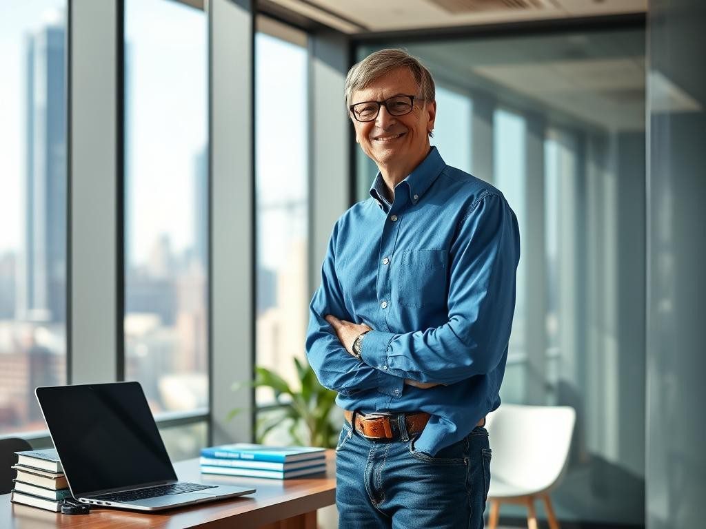 bill gates en oficina moderna con luz natural expresion confiada y mirada inspiradora