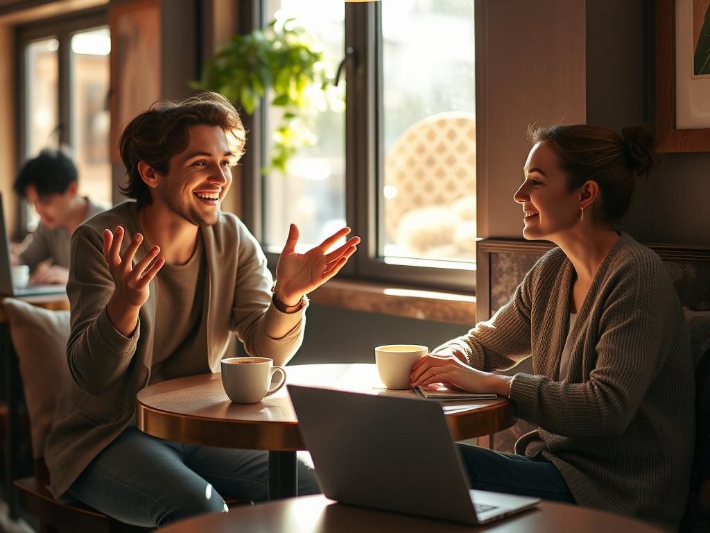 cafe calido con dos personas una extrovertida animada y otra tranquila