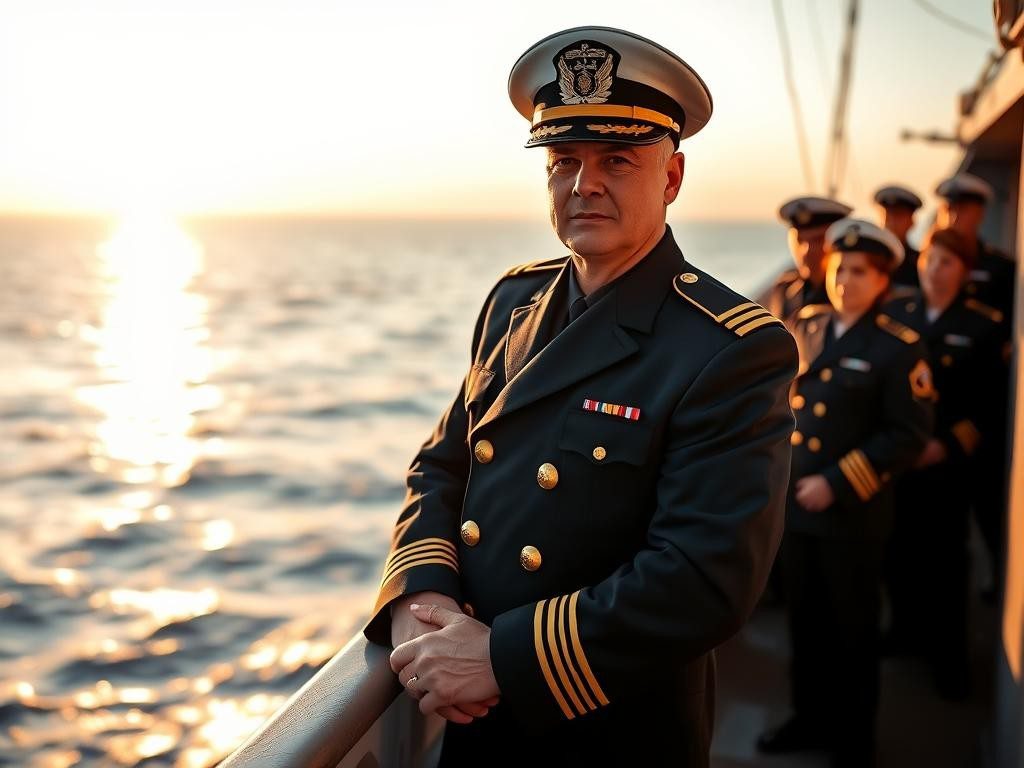 capitan naval firme en la cubierta al amanecer rodeado del mar sereno