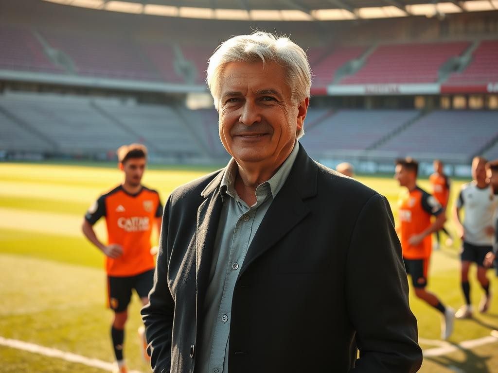 carlo ancelotti en la cancha calmado con sonrisa serena y fondo vibrante