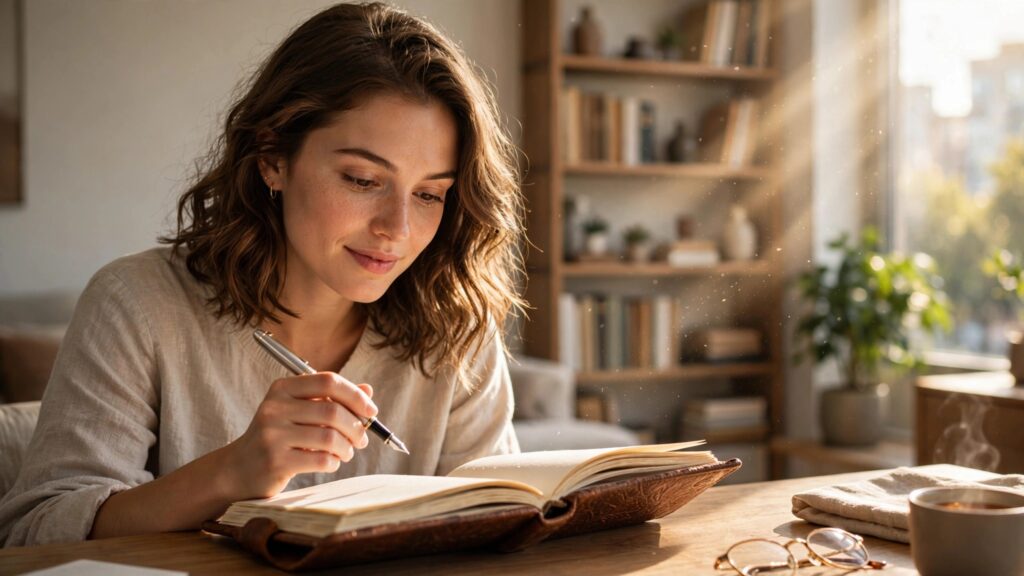 chica reflexiva sentada escribiendo en una libreta en casa