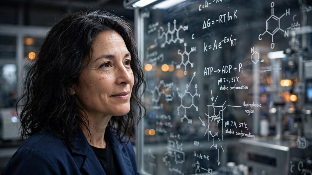 cientifica lidera equipo en laboratorio frente a pizarra de cristal