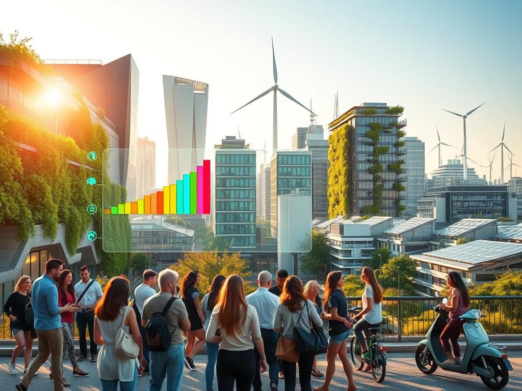 ciudad moderna al amanecer con jardines verticales gente y tecnologia sostenible