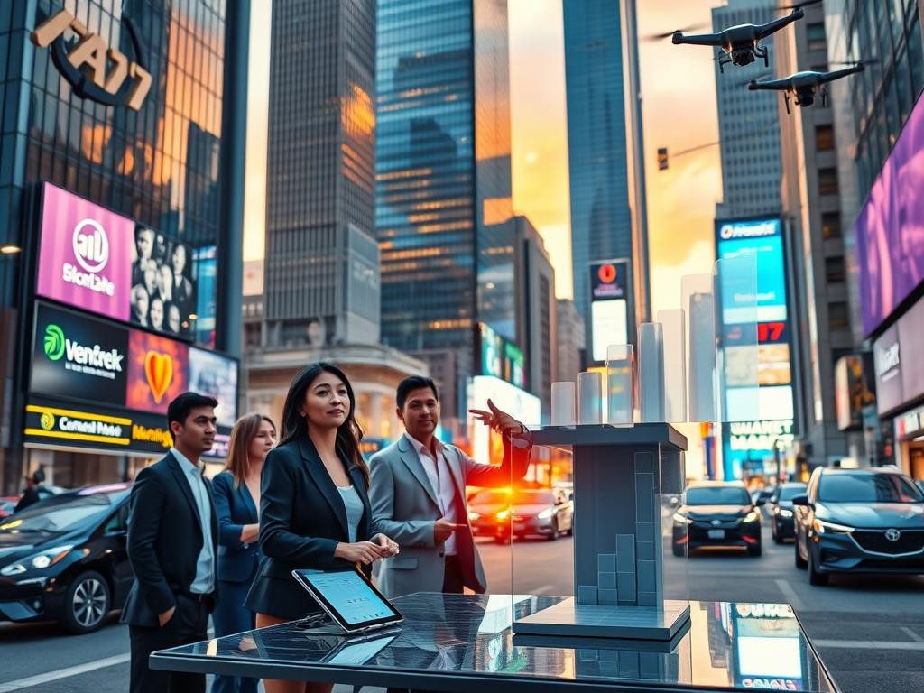 ciudad vibrante al amanecer con profesionales innovadores y tecnologia futurista
