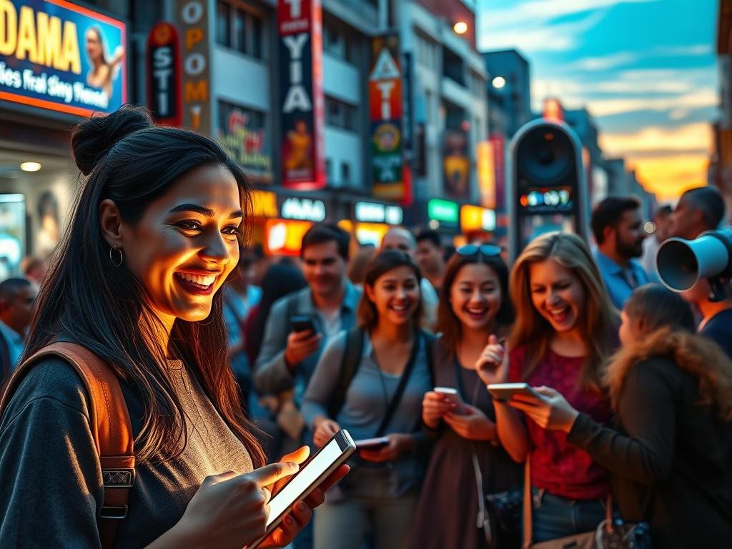 ciudad vibrante al atardecer personas comunicandose en un entorno urbano