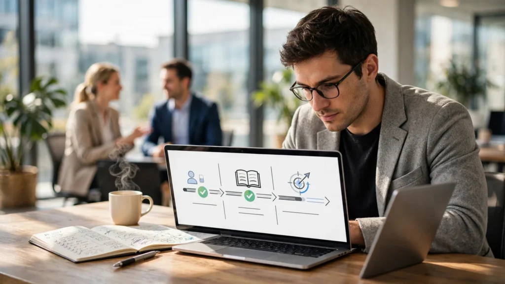 colaborador concentrado analizando plan de trabajo en computadora corporativa