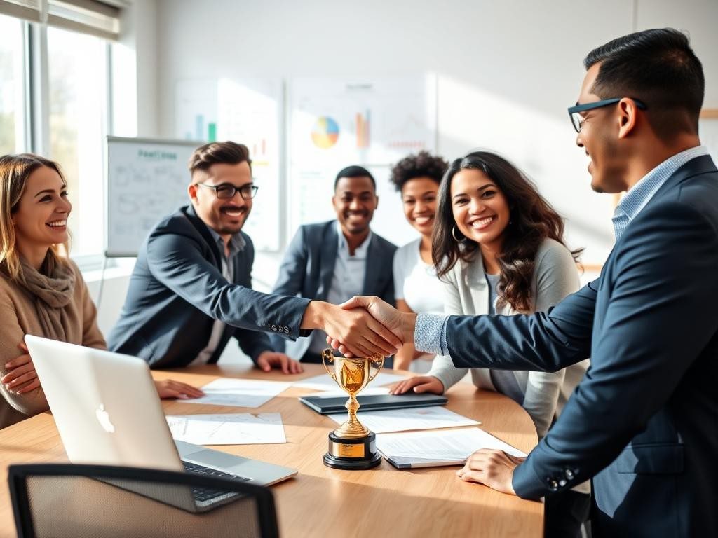 colaboradores felices en oficina moderna reconocimiento y trabajo en equipo
