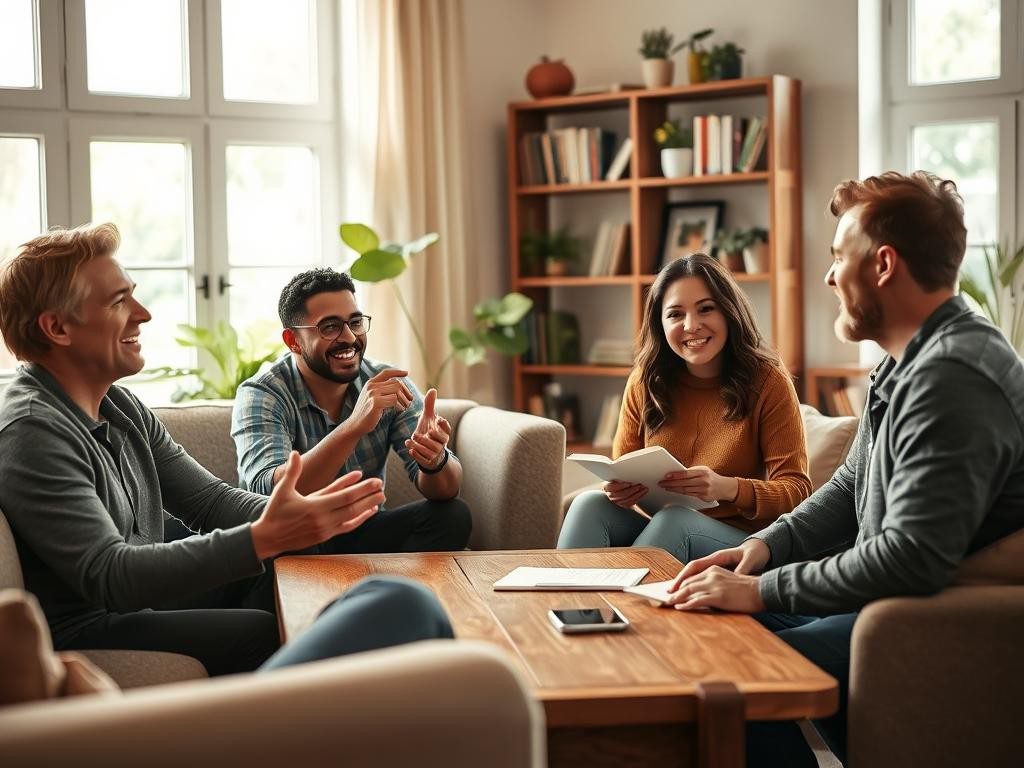 cuatro personas dialogan en sala calida con luz natural rodeadas de libros y plantas