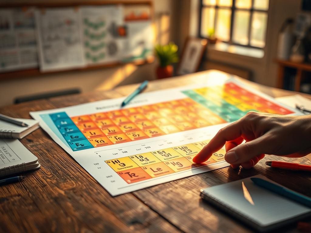 diagrama colorido del tabla periodica en mesa de madera con detalles y luz calida