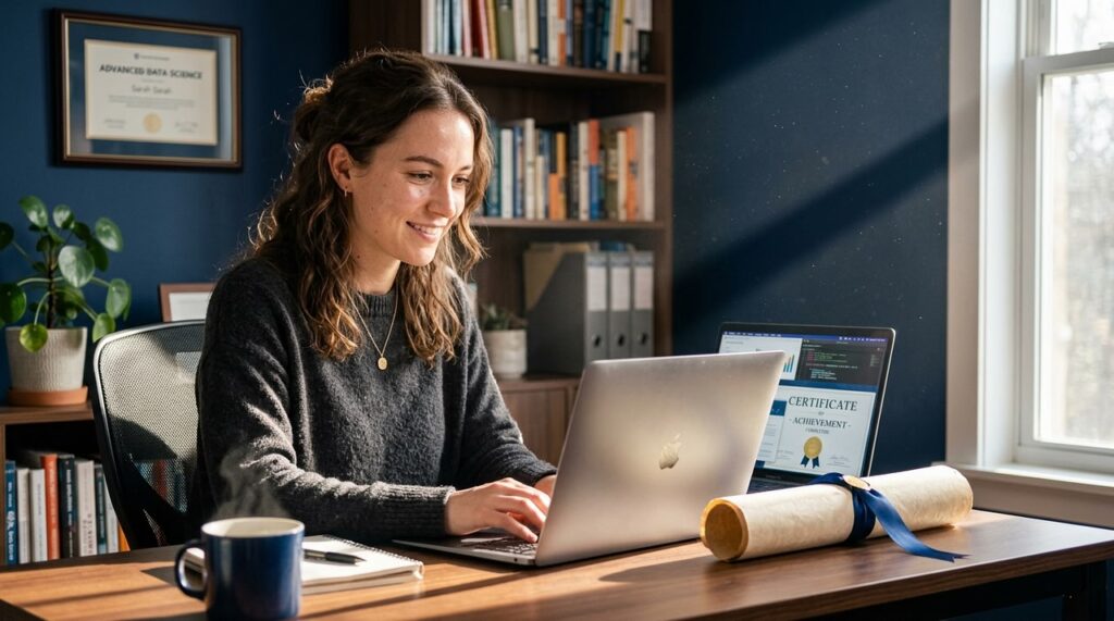 diploma enrollado con cinta azul sobre mesa