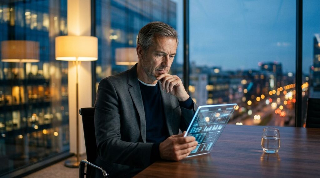 directivo analizando datos en tableta digital frente a ventanal