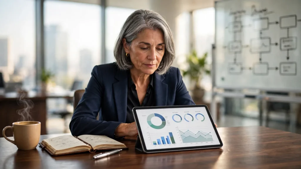 directivo analizando metricas de integracion en una tableta luminosa