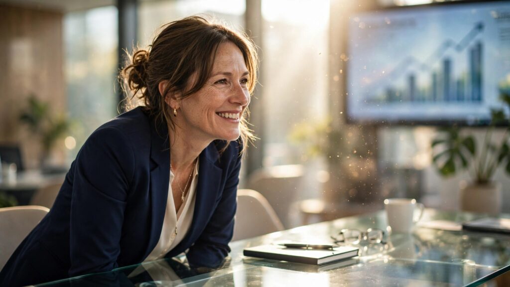 directora corporativa sonriendo en una mesa de reuniones iluminada