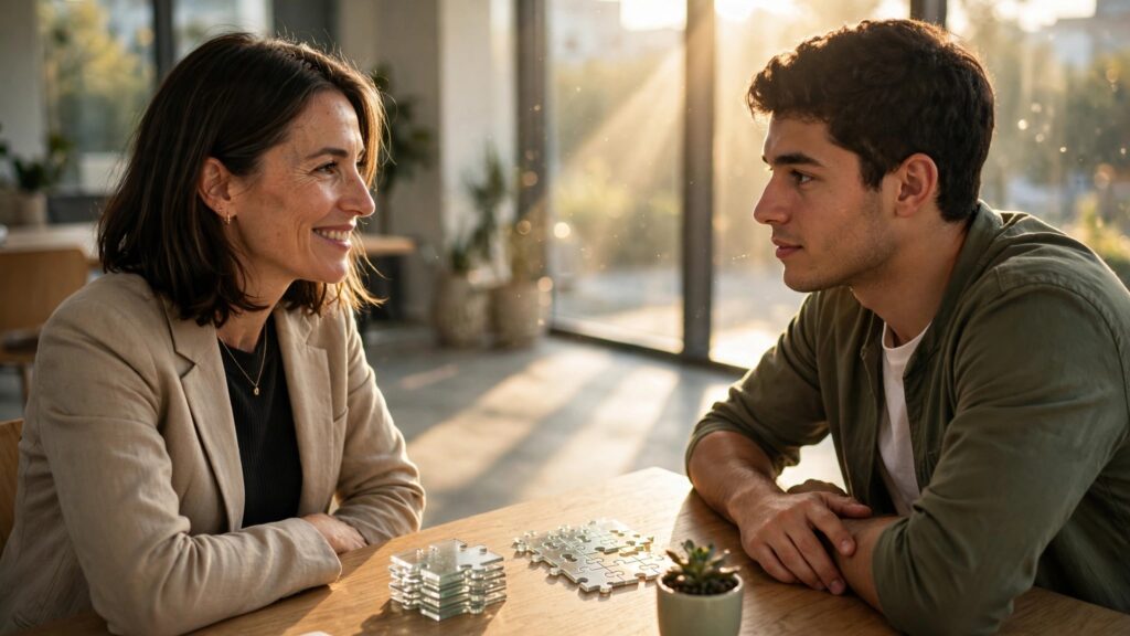 directora de recursos humanos entrevista a un joven en oficina