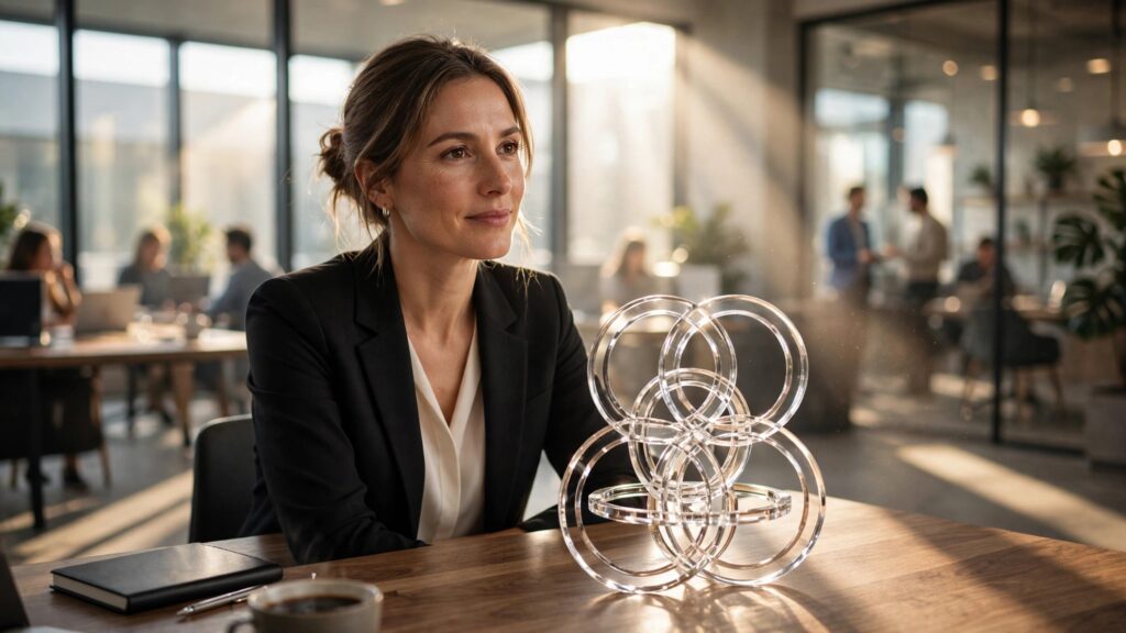 directora pensativa observando escultura de cristal en oficina iluminada