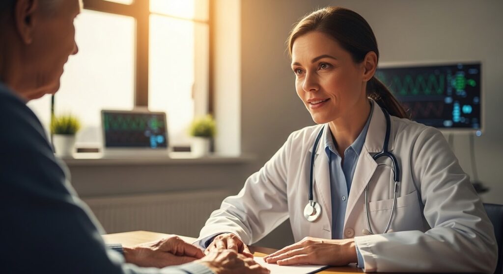 doctora compasiva escucha a paciente en consultorio iluminado