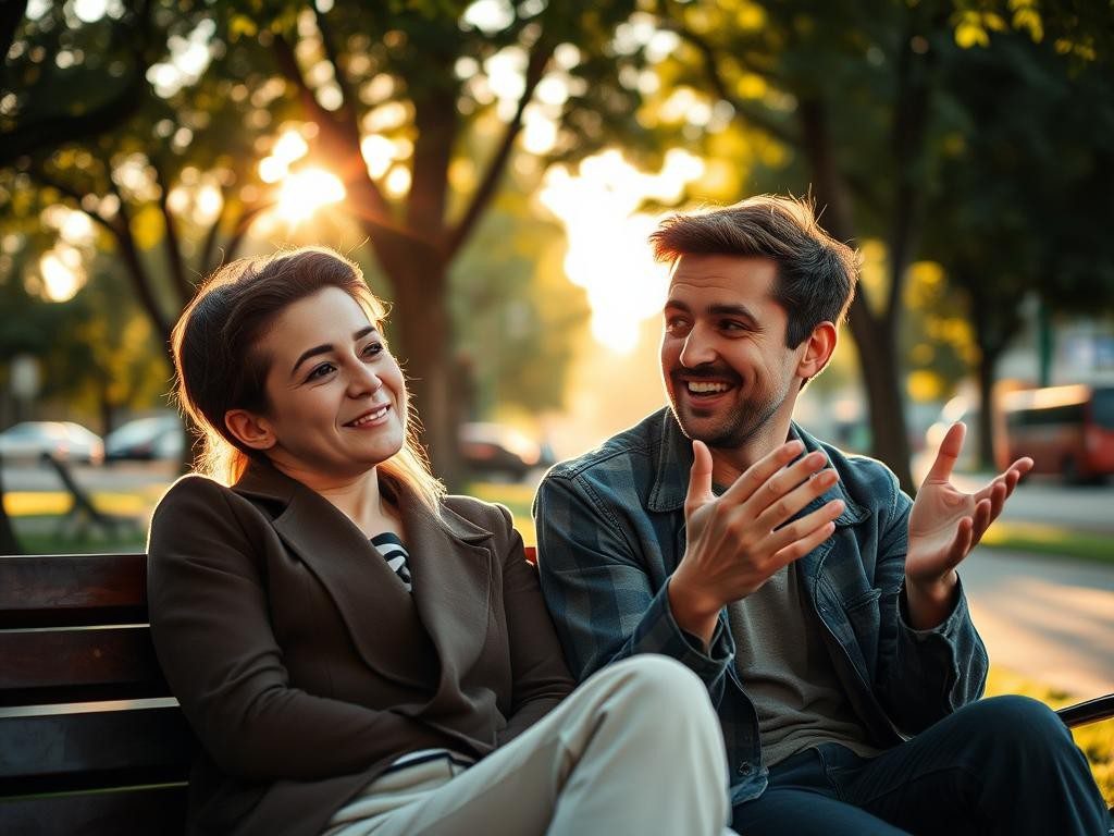 dos amigos en un parque compartiendo un momento calido y sincero al atardecer