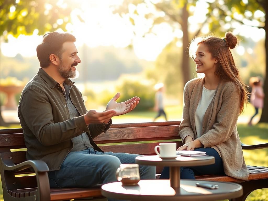 dos amigos en un parque soleado conversan rodeados de naturaleza calida