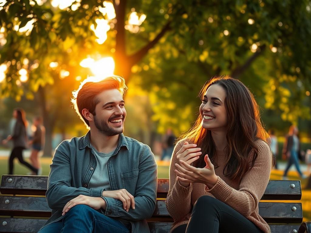 dos amigos sonrientes en un banco bajo un atardecer dorado y tranquilo