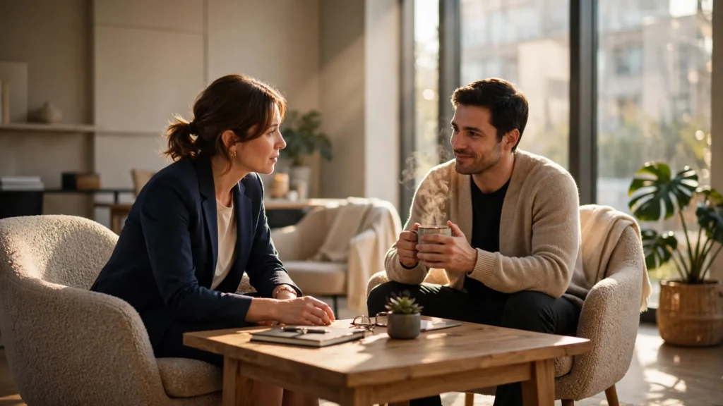 dos colegas conversan en una oficina moderna y luminosa