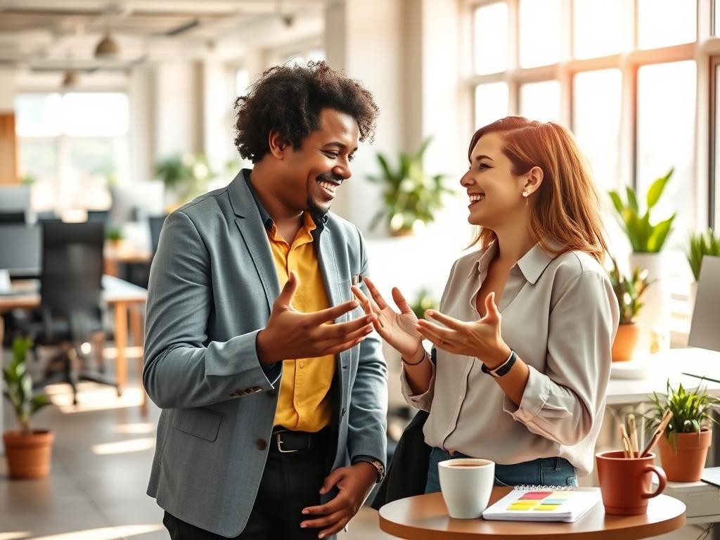 dos colegas sonrien en una oficina luminosa compartiendo confianza y empatia