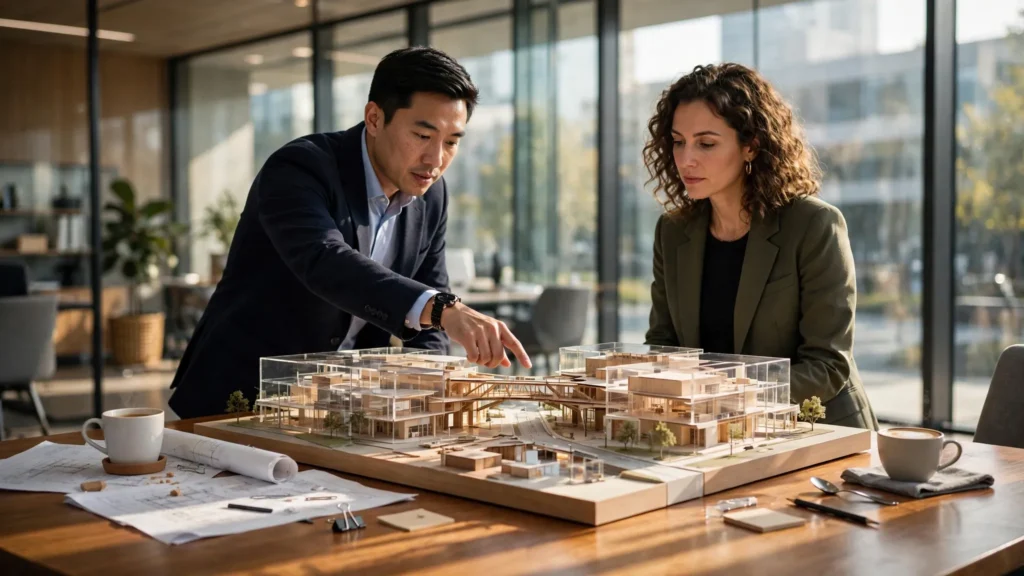 dos lideres analizando una maqueta arquitectonica en una oficina