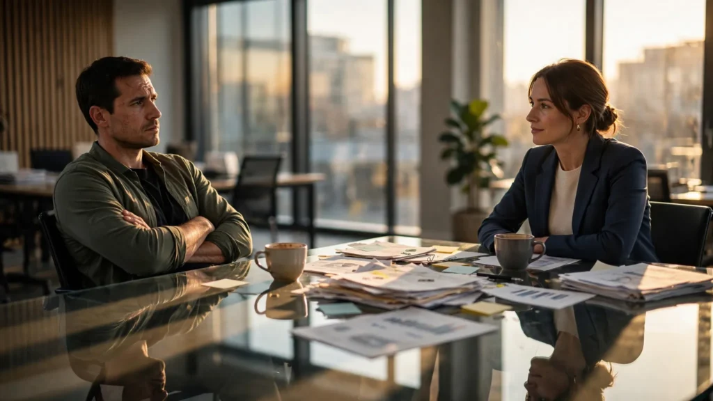 dos miembros del equipo sentados distanciados en mesa ejecutiva