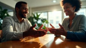 dos personas colaborando con empatia y sonrisas en una oficina moderna