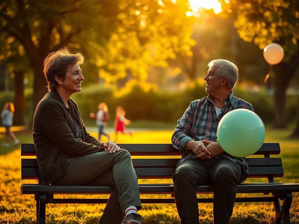 dos personas conversan en un banco al atardecer rodeadas de naturaleza