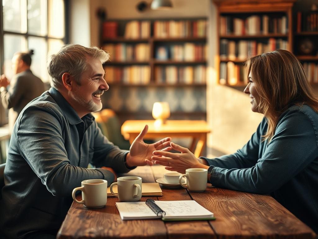 dos personas conversan en un cafe calido compartiendo risas y gestos
