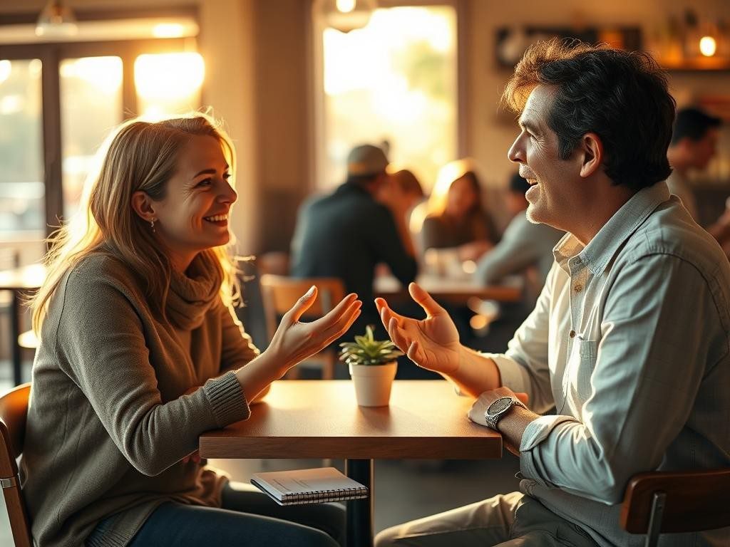 dos personas conversan en un cafe calido iluminado por luz dorada