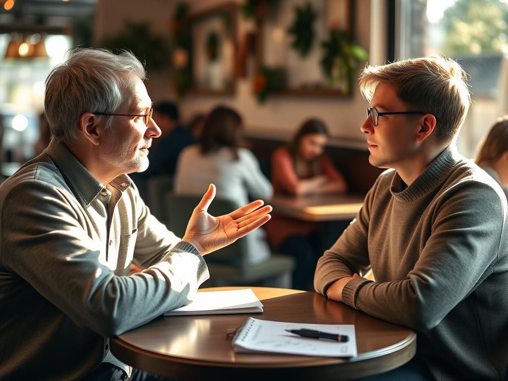 dos personas conversan en un cafe iluminadas por luz suave y calida